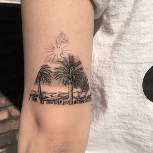 Palm trees and houses in a cozy landscape, by Oozy. (via IG—oozy_tattoo) #TattooRoundUp #Tiny #Landscapes #PalmTrees