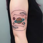 Space tattoo by Cooley #Cooley #spacetattoos #color #linework #graphic #hands #space #galaxy #saturn #planets #stars #universe