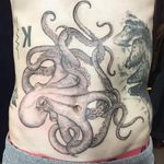 Octopus tattoo by Maggie Cho #MaggieCho #octopustattoos #blackandgrey #linework #illustrative #woodblockstyle #ocean #oceanlife #animal #nature #tentacles #tattoooftheday