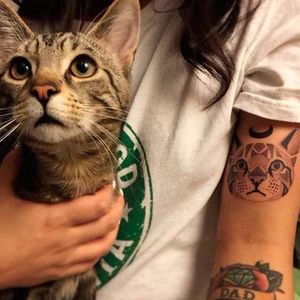 Gatinho e seu retrato na pele! Sabe quem fez essa tattoo? Conta pra gente! #cat #cattattoo #gato #gatotattoo #dotwork #pontilhismo
