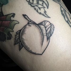 Line work peach tattoo by Pat Crump. #blackwork #linework #fruit #peach #PatCrump