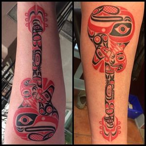 Cool Haida guitar tattoo by Deano Robertson #Haida #DeanoRobertson #guitar #animals #haidatattoo