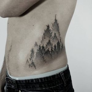 Misty forest tattoo by Norako #Norako #dotwork #nature #mist #forest #pinetree
