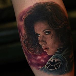 Black Widow Tattoo by Rich Pineda #BlackWidow #AvengersTattoo #MarvelTattoo #ScarlettJohansson #Portrait #RichPineda