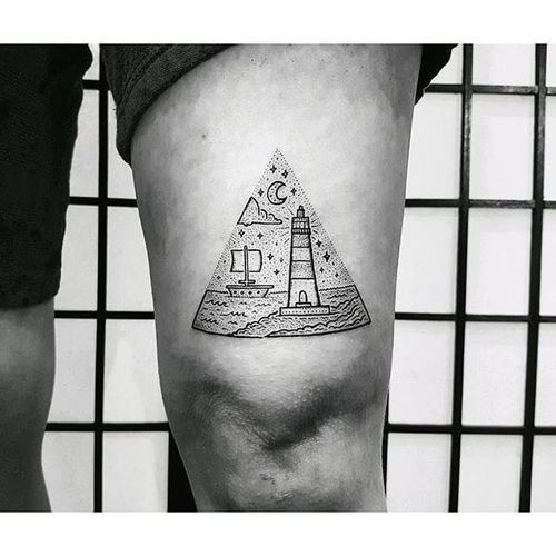 A triangular scene of a lighthouse and a sailboat under a night sky by Mike Stout (IG—mike_stout). #blackwork #dotwork #geometric #landscapes #MikeStout