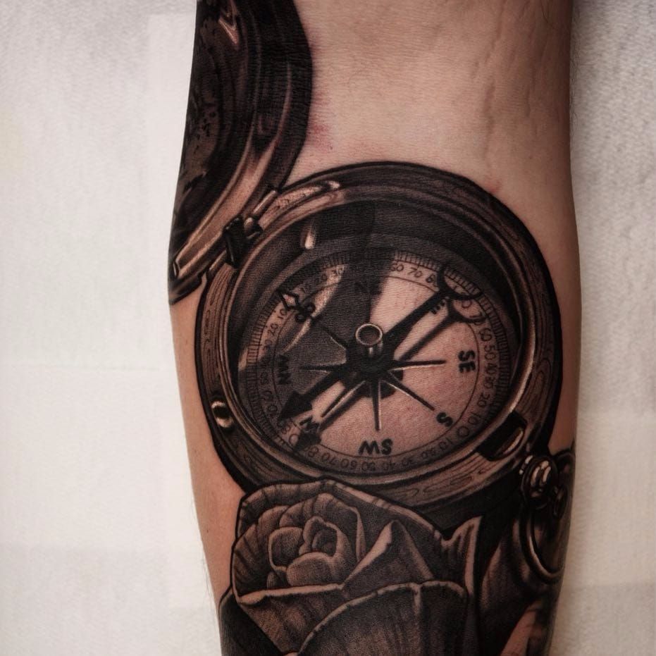 Did the ole compass trick today blackandgrey realism compass  compasstattoo tattoo tattoos nauticaltattoo nautical forida   Instagram