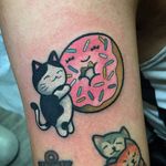 Donut tattoo by Christina Hock. #ChristinaHock #DolorosaTattooCo #donut #kitten #cat #kawaii #cute