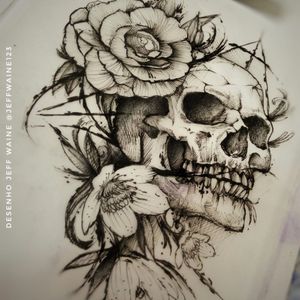Desenho por Jeff Waine! #JeffWaine #tatuadoresbrasileiros #tatuadoresdobrasil #tattoobr #SãoPaulo #skull #caveira #crânio #flowers #flores #draw #desenho