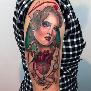 Nurse and Heart Tattoo by Hannah Flowers @Hannahflowers_tattoos #Hannahflowerstattoos #girl #woman #lady #girltattoo #ladytattoo #Inkslavetattoos #nurse #anatomicalheart #heart #portrait