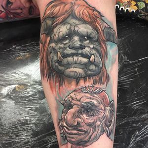 A neo-traditional portrait of Ludo and Hoggle from Labyrinth by Matt Barratt-Jones (IG—oddboytattoo). #Hoggle #Labyrinth #Ludo #MattBarrattJones #neotraditional