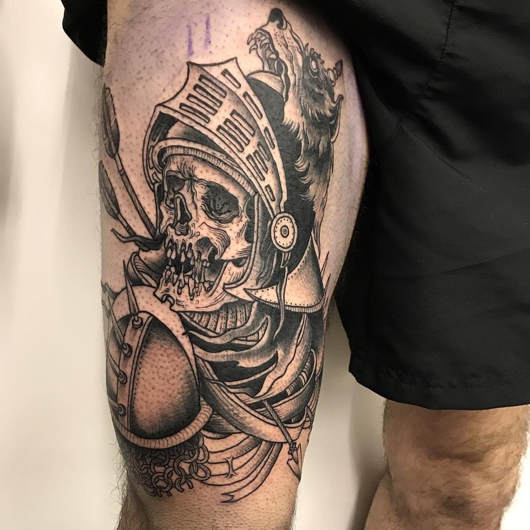 Black and grey skull knight tattoo on Post Malones