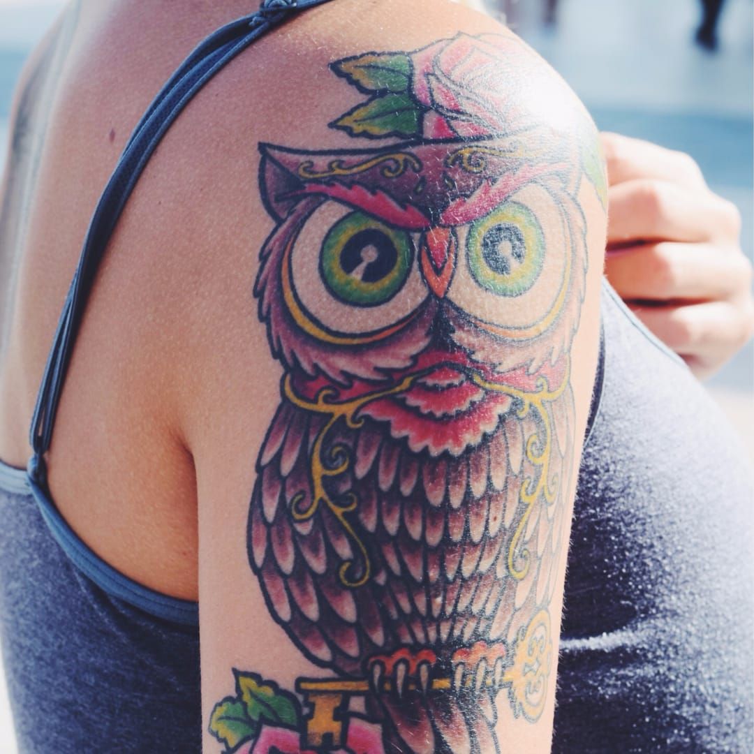 Venetian Tattoo Gathering  Tattoos  Art Nouveau  color traditional owl  with realistic skull and heart