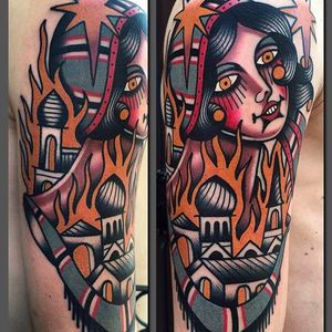 Burning village and girl tattoo by Francesco Garbuggino @fra_inkroll_tattoo #FrancescoGarbuggino #Neotraditional #Gypsy #Girls #Girl #Lady #burning