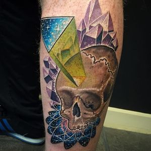 Geometric skull space and crystals tattoo by Nick Friederich via Instagram #NickFriederich #space #skull #crystals #galaxy #stars #solarsystem
