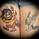 A lovely pair of matching Sendak-inspired leg tattoos by Nathan Boon (IG—nathanboontattoos). #Caldetatts #childrensbooks #MauriceSendak #WheretheWildThingsAre