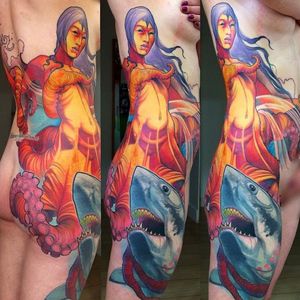 Shark and lady side tattoo done by Steve Moore. #SteveMoore #shark #lady #sidetattoo