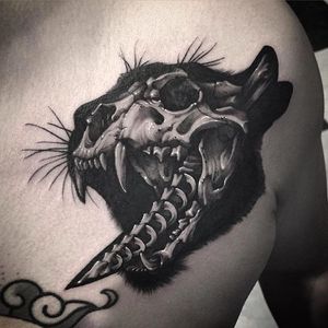 Dagger and tiger tattoo by @Garaskull #skeleton #black #blackwork #xray #dagger #tiger