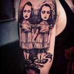 ‘The Shining’ twins tattoo by Jean-Luc Navette. #JeanLucNavette #blackwork #vintage #gothic #horror #dark #macabre #twins #theshining