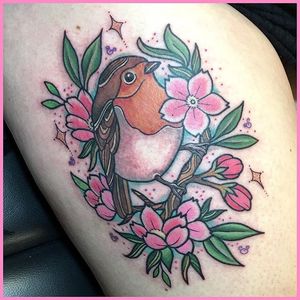 Robin and cherry blossom tattoo by Caroline Derwent. #neotraditional #flower #cherryblossom #bird #robin #CarolineDerwent