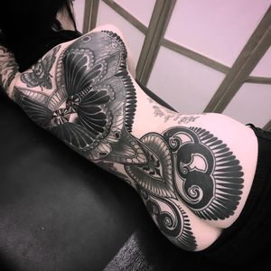 Backpiece tattoo by Vale Lovette #ValeLovette #blackandgrey #neotraditional #artnouveau #pattern #floral #wings #gems #diamonds #jewels #backpiece #ornamental #moth #deathmoth #skull