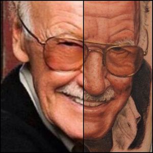 Comparing the photograph of Stan Lee to the portrait tattoo by Sean Sweeney. #realism #colorrealism #SeanSweeney #StanLee #portrait