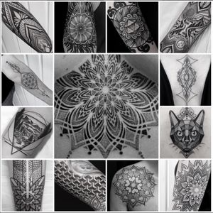 A collage of several blackwork pieces that Jason Carpino produced over the course of last year (IG—jcarpino). #blackwork #geometric #JasonCarpino #mehndi #ornamental