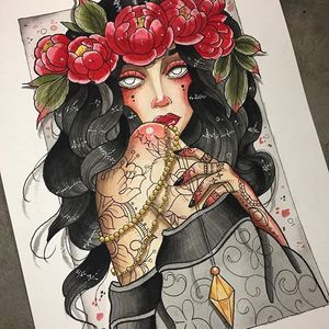 Witchy Woman by Stephanie Houldsworth #flashart #flash #flashfriday #color #traditional #witch #rose #crystals #StephanieHouldsworth