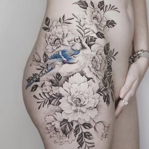 Hip piece by Tritoan Ly #TritoanLy #flower #bird #blackandgrey #realism #tattoooftheday