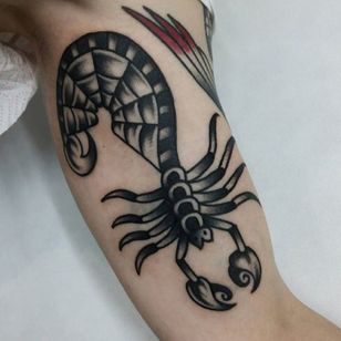 Un tatuaje de escorpión negro y gris con una telaraña en la cola de Victor Rebel (IG - xvitorebelcox).  #escorpión #tradicional #VictorRebel