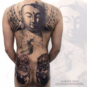Breath-taking #backpiece #blackandgreytattoo #RobertPho #buddhainspiredtattoos