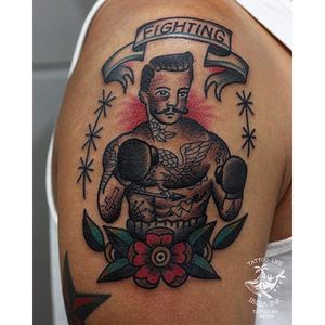 Traditional style boxer tattoo by Peter from Ibiza Ink #traditionaltattoo #boxertattoo #boxer #traditional