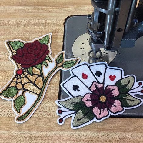 Rose and Cards by Old English Rose (via IG-old.english.rose) #embroidery #chainstitch #tattooinspired #oldenglishrose #VictoriaAdrian