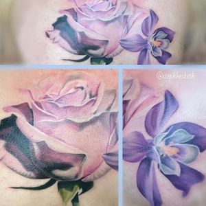 Beautiful color realism rose columbine flower tattoo by Stephanie Hesketh. #flower #floral #columbine #columbineflower #rose #StephanieHesketh