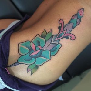 Dagger Tattoo by Nick Stambaugh #dagger #daggertattoo #traditonal #traditionaltattoo #brighttattoos #neon #neontattoo #colorful #quirky #creativetattoos #NickStambaugh