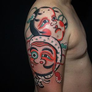 A great pair of Hyottoko and Okame masks by Caio Pinerio (IG—caiopineiro). #CaioPinerio #Hyottoko #Irezumi #masks #Okame #unconventional