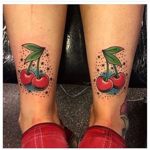 Matching traditional cherry tattoos by Rene Almiron. #traditional #matching #cherry #fruit #ReneAlmiron