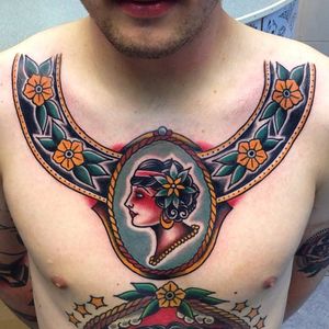 Collar Tattoo by Nick Mayes #collartattoo #traditionalcollar #collarbonetattoo #NickMayes