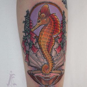 Seahorse by Antony Flemming #AntonyFlemming #color #neotraditional #seahorse #shell #pearls #flowers #nature #oceanlife #ornamental #jewelry #tattoooftheday