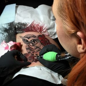 Megan Massacre working on a beautiful owl tattoo #MeganMassacre #tattooartist #tattoomodel #nyink #realitytv #megandreamtattoo #meganmassacrecontest #meganmassacretattoo #workinprogress #owl #owltattoo