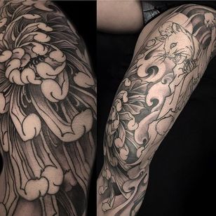 Tatuaje de crisantemo negro y gris de Fibs.  #Fibs #JuvelVasquez #black gray #japanese #neotraditional #flower #crisantemo