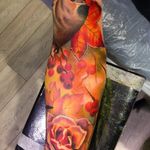 Autumnal sleeve tattoo by Amy Autumn #AmyAutumn #rose #flower #realism #colour #autumn #leaves