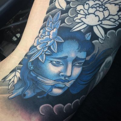 Ghost head tattoo by Wendy Pham #WendyPham #Japanesetattoos #color #newtraditional #mashup #portrait #ladyhead #ghost #peony #leaves #wip #clouds #blue #folklore #tattoooftheday