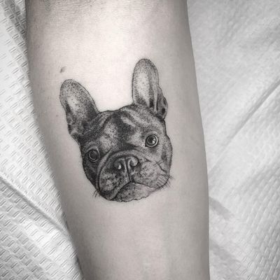 French Pug puppy tattoo by Nathan Kostcheko #NathanKostechko #dogtattoos #blackandgrey #dog #pug #frenchpug #petportrait #realism #realistic #illustrative #animal