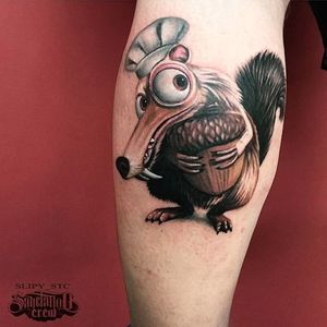 Ice Age tattoo by slipy_stc on Instagram. #squirrel #acorn #movie #iceage #animation #prehistoric