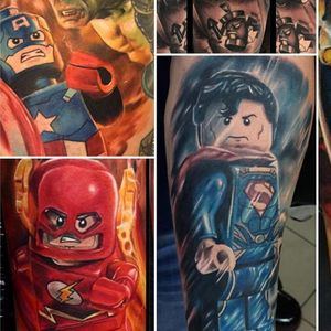 A collage of Max Pniewski's (maxpniewski) awesome Marvel and DC Lego tattoos. #CaptainAmerica #comicbooks #Flash #Legos #MaxPniewski #superheroes #Superman #Thor