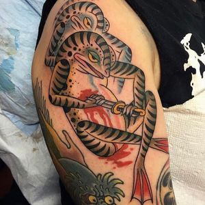 Seppuku Frog tattoo by Tina Lugo #TinaLugo #color #Japanese #irezumi #frog #seppuku #harakiri #blood #death #sword #ghost #suicide