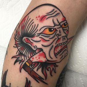 Namakubi tattoo by Mikey Holmes #MikeyHolmes #namakubitattoo #color #traditional #Japanese #mashup #severedhead #head #portrait #knife #scythe #blood #bloodsplatter #man #death #tattoooftheday