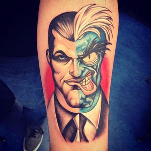 Two Face Tattoo by All Inked Up Tattoo Studio #TwoFace #Batman #DCComics #AllInkedUpTattooStudio
