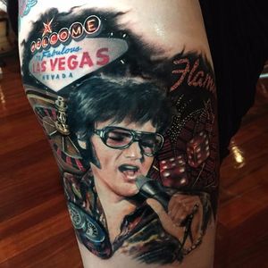 Elvis in his Vegas days. Tattoo by Mick Squires. #realism #colorrealism #portrait #Elvis #ElvisPresley #MickSquires