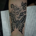 Tattoo by Franco Maldonado #FrancoMaldonado #blackandgrey #illustrative #newtraditional #darkart #surreal #butterfly #rose #leaves #nature #insect #wings #pattern #dotwork #linework #flower